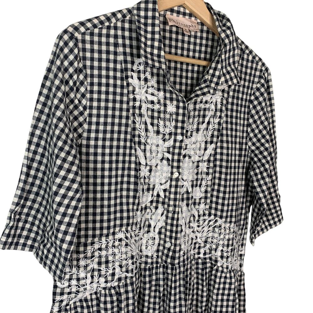 Philosophy Black White Gingham Embroidered Shirt Dress Pockets M Cottagecore - Picture 4 of 8